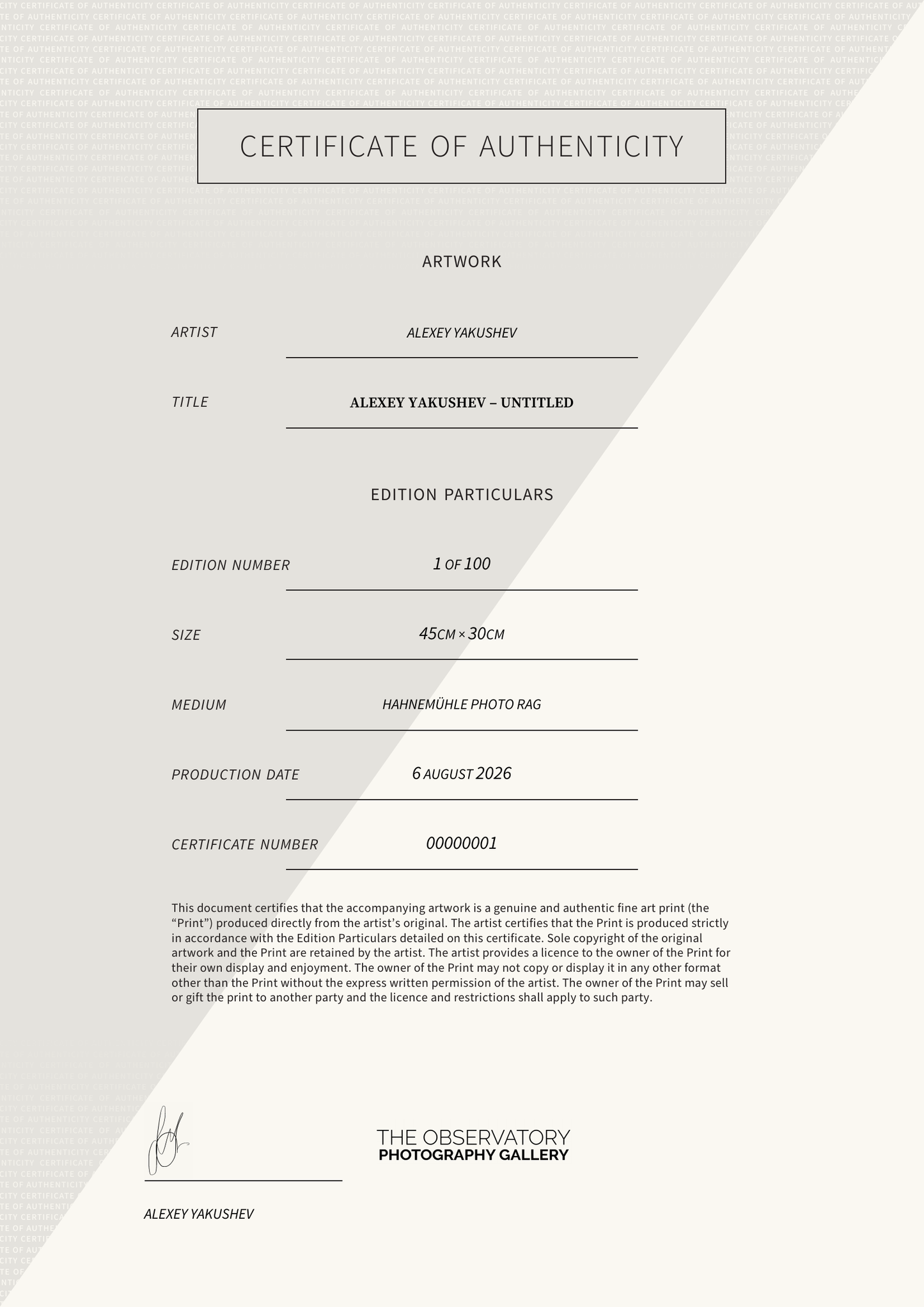 Alexey Yakushev – Untitled — Certificate of Authenticity