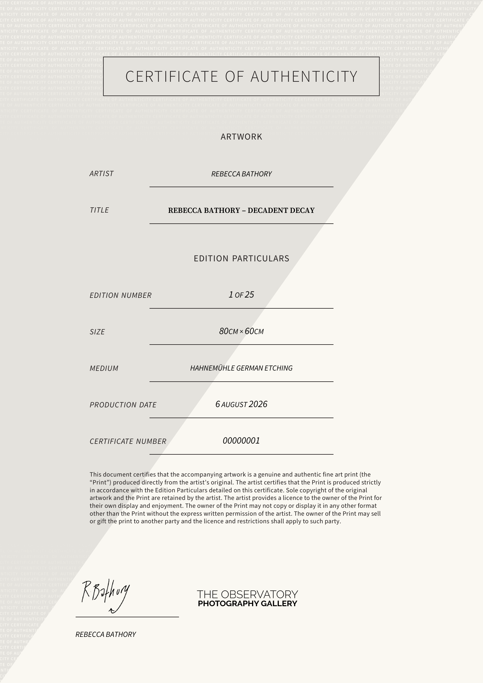 Rebecca Bathory – Decadent Decay — Certificate of Authenticity