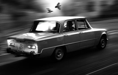 A black and white photograph of a vintage car speeding on a highway with bird flying next to it with a blurred background.