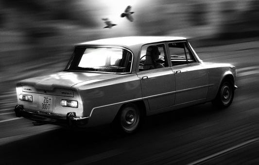 A black and white photograph of a vintage car speeding on a highway with bird flying next to it with a blurred background.