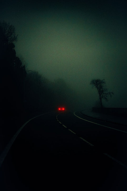 A photograph featuring a dark, misty landscape with a tree in the foreground and a car's redlight in the back ground