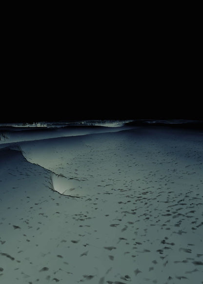 An image of a beach at night with visible waves and shadows.