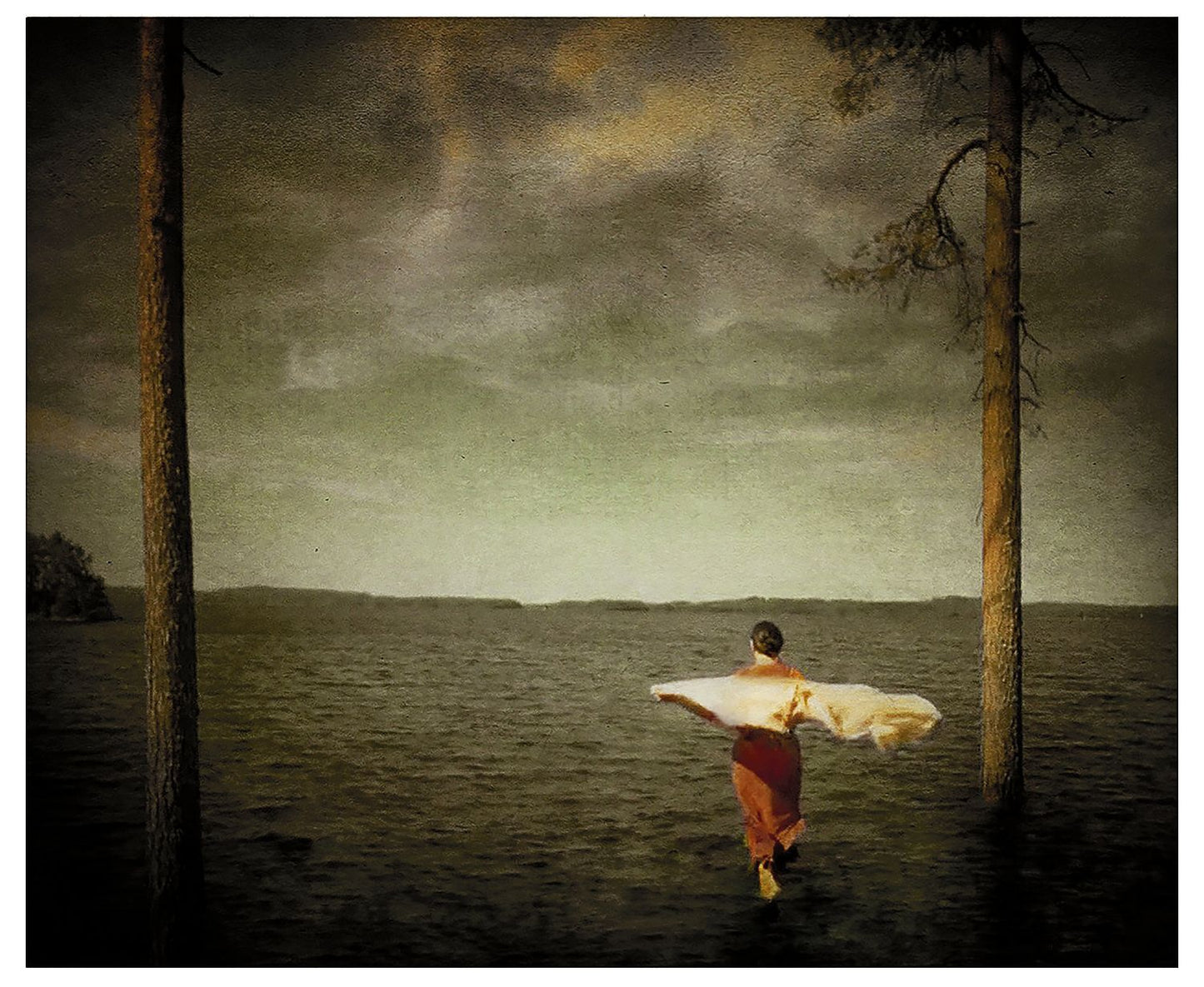 An image of a person standing on a body of water, with trees in the background and a cloudy sky above.