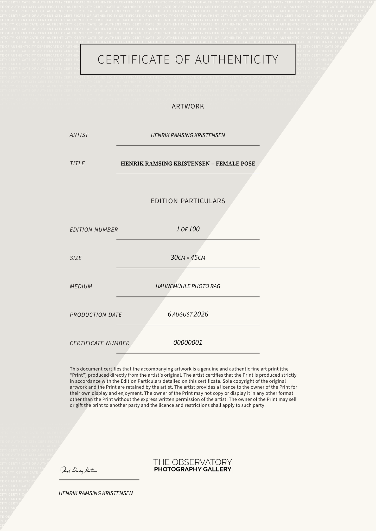 Henrik Ramsing Kristensen – Female Pose — Certificate of Authenticity