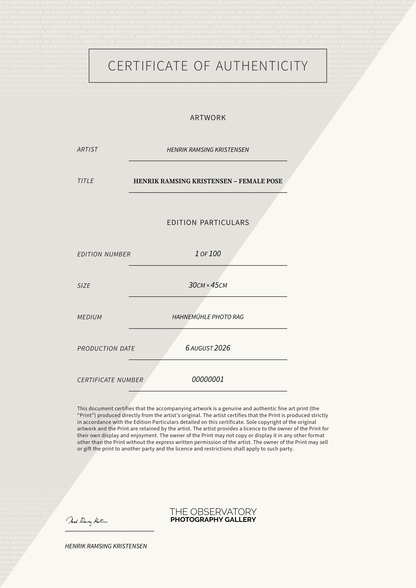 Henrik Ramsing Kristensen – Female Pose — Certificate of Authenticity