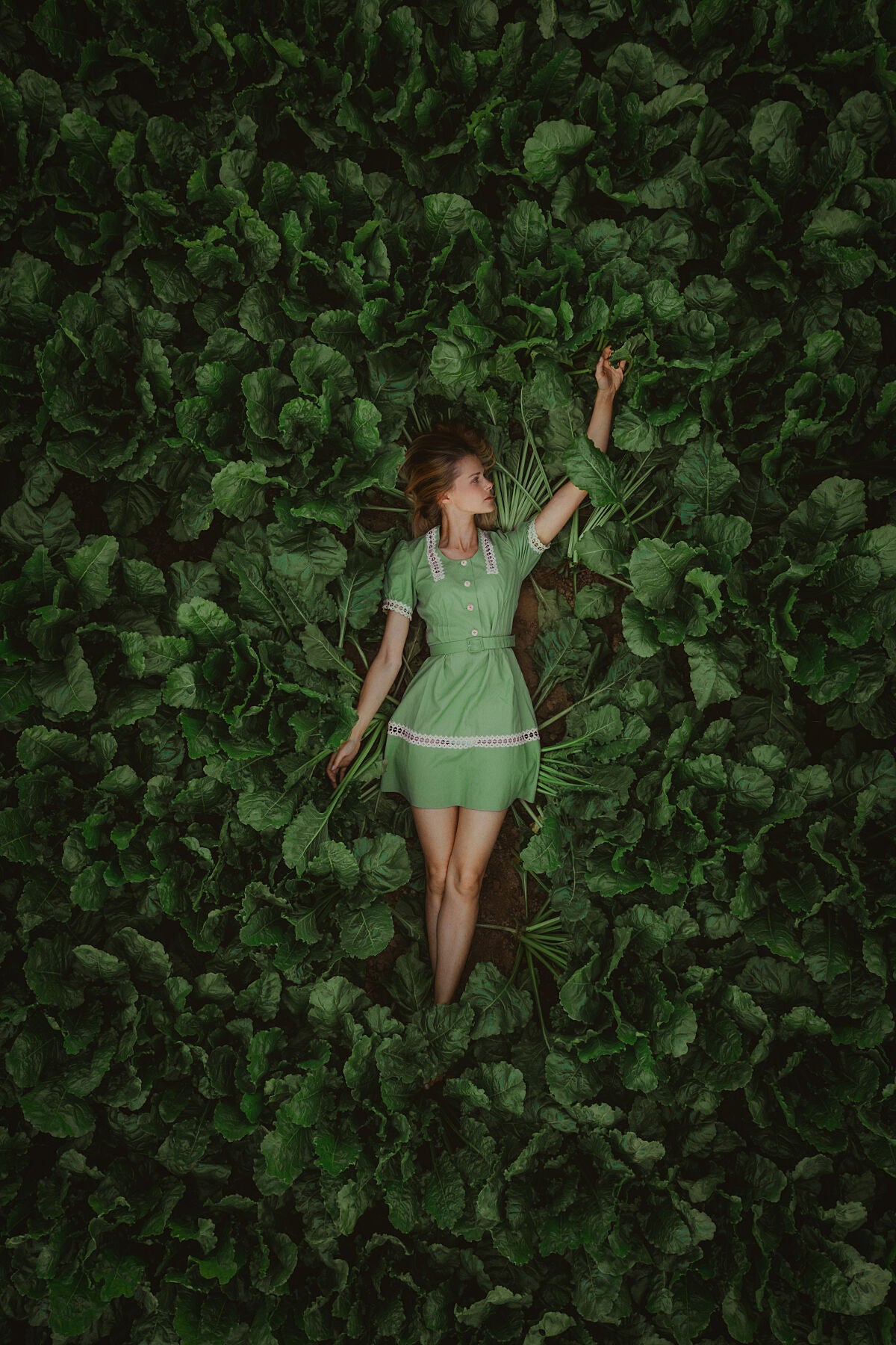 A photo print featuring a person in a green dress amidst green foliage.