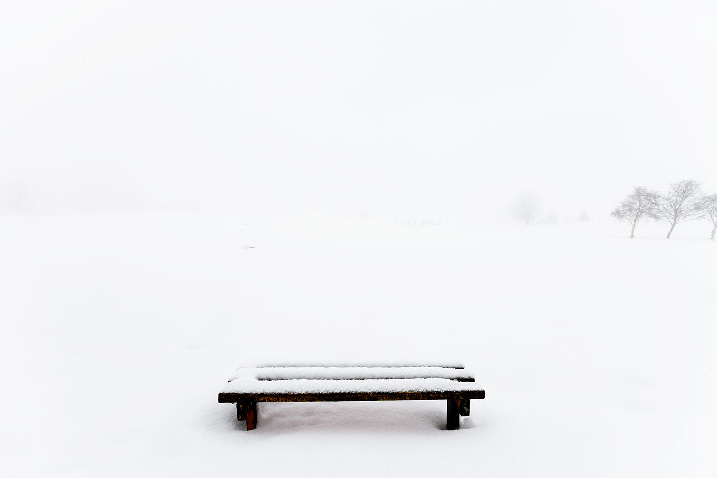 An image of a snow-covered bench with no visible features beyond the bench's silhouette.
