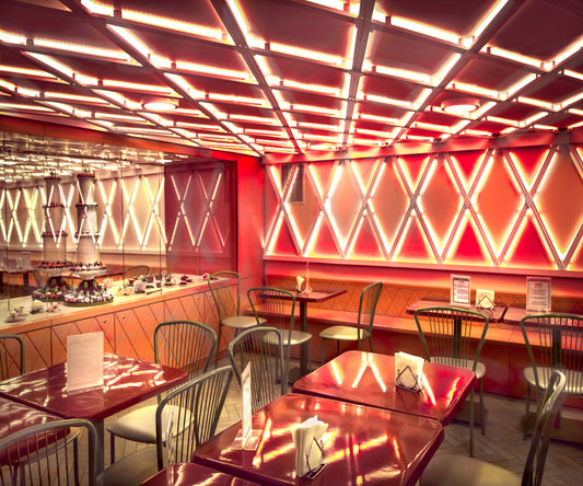 A colorful artwork depicting a diner interior with abstract red and white shapes on the ceiling, titled 'Ruby Diner' by Barry Cawston.