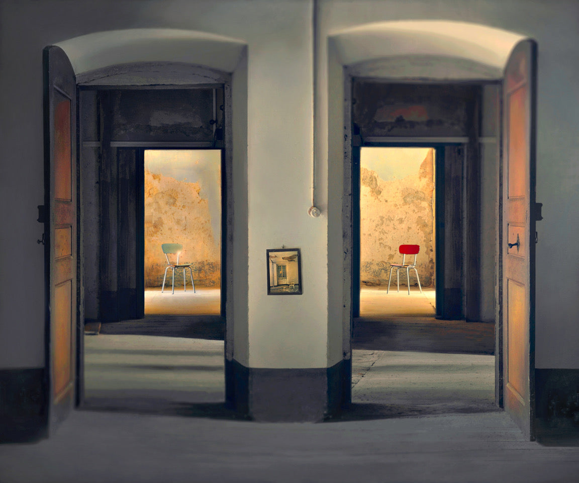 A photographic print depicting two rooms viewed from adjacent doorways, with chairs and a framed picture visible.