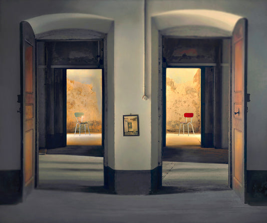 A photographic print depicting two rooms viewed from adjacent doorways, with chairs and a framed picture visible.
