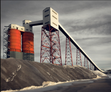A black and white image of an industrial silo with a large capacity, set against a grey background with water down on the ground.